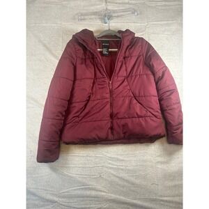 ME JANE Burgundy Puffer Jacket Hooded Zip Up Casual Winter Warm Size M